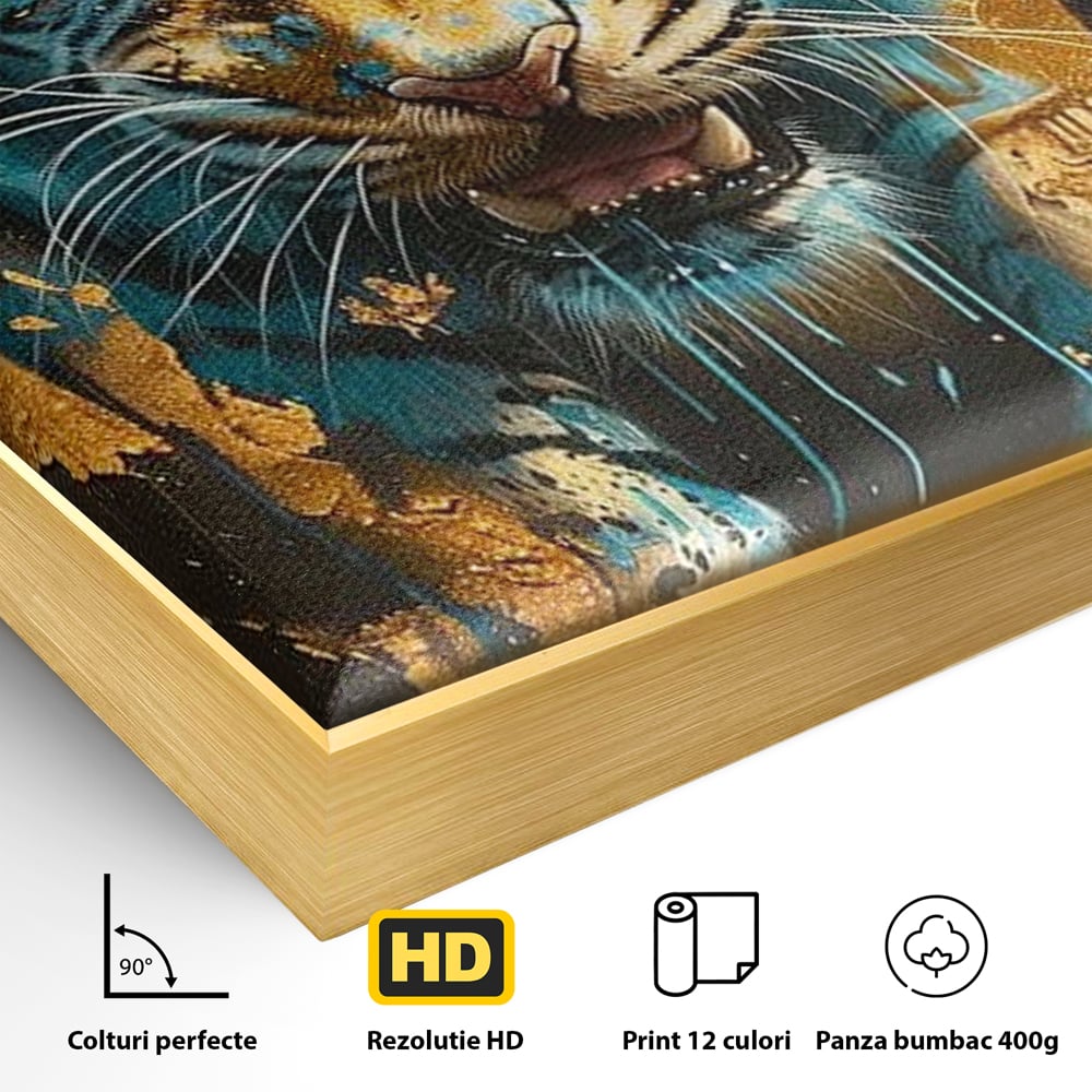 Detaliu al suprafetei: tablou canvas cu tigru furios, in rama de aluminiu auriu